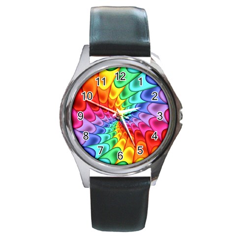 Psychedelic Rainbow Spiral Round Metal Watch from ArtsNow.com Front