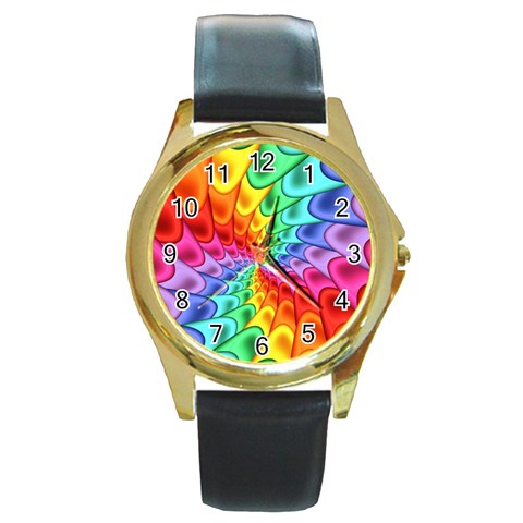 Psychedelic Rainbow Spiral Round Gold Metal Watch from ArtsNow.com Front