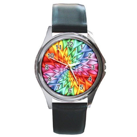 Psychedelic Rainbow Spiral Round Metal Watch from ArtsNow.com Front