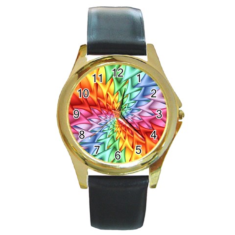 Psychedelic Rainbow Spiral Round Gold Metal Watch from ArtsNow.com Front