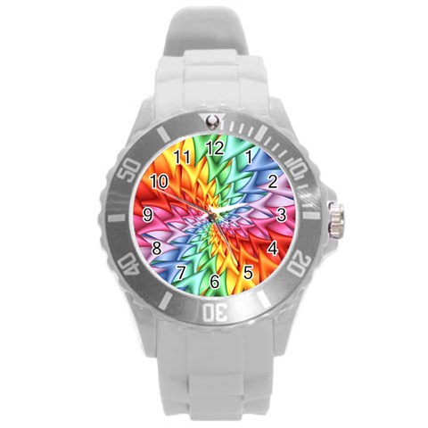 Psychedelic Rainbow Spiral Round Plastic Sport Watch (L) from ArtsNow.com Front