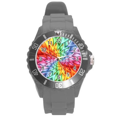 Psychedelic Rainbow Spiral Round Plastic Sport Watch (L) from ArtsNow.com Front