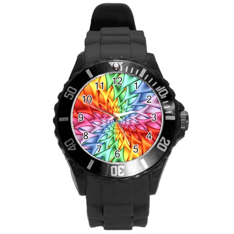 Psychedelic Rainbow Spiral Round Plastic Sport Watch (L) from ArtsNow.com Front