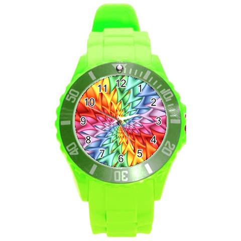 Psychedelic Rainbow Spiral Round Plastic Sport Watch (L) from ArtsNow.com Front