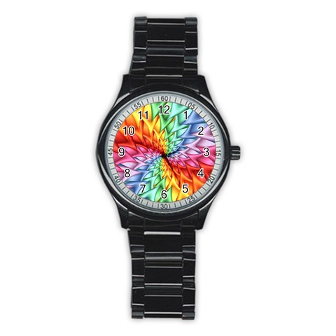 Psychedelic Rainbow Spiral Stainless Steel Round Watch from ArtsNow.com Front