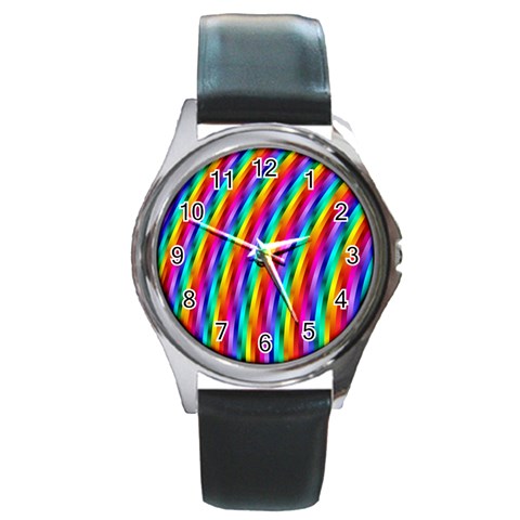 Psychedelic Rainbow Glitter Stripes Round Metal Watch from ArtsNow.com Front