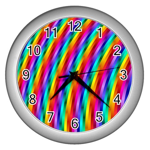 Psychedelic Rainbow Glitter Stripes Wall Clock (Silver) from ArtsNow.com Front