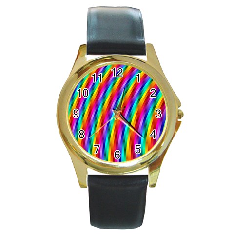 Psychedelic Rainbow Glitter Stripes Round Gold Metal Watch from ArtsNow.com Front