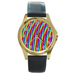 Psychedelic Rainbow Glitter Stripes Round Gold Metal Watch