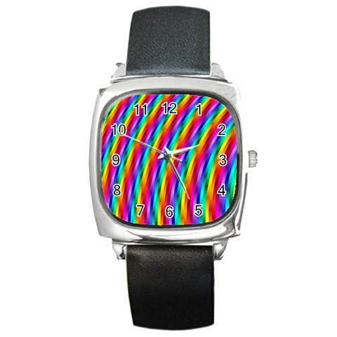 Psychedelic Rainbow Glitter Stripes Square Metal Watch from ArtsNow.com Front