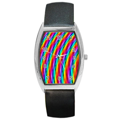 Psychedelic Rainbow Glitter Stripes Barrel Style Metal Watch from ArtsNow.com Front