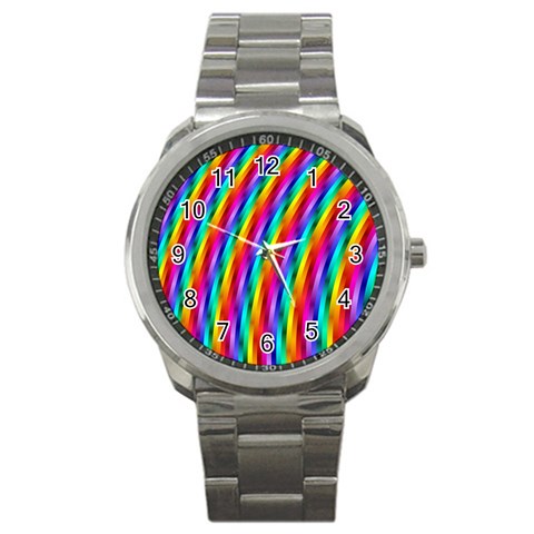 Psychedelic Rainbow Glitter Stripes Sport Metal Watch from ArtsNow.com Front