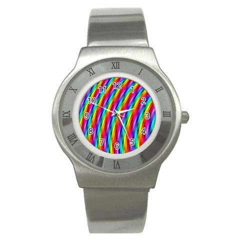 Psychedelic Rainbow Glitter Stripes Stainless Steel Watch from ArtsNow.com Front