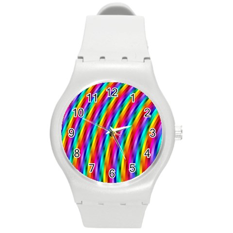 Psychedelic Rainbow Glitter Stripes Round Plastic Sport Watch (M) from ArtsNow.com Front