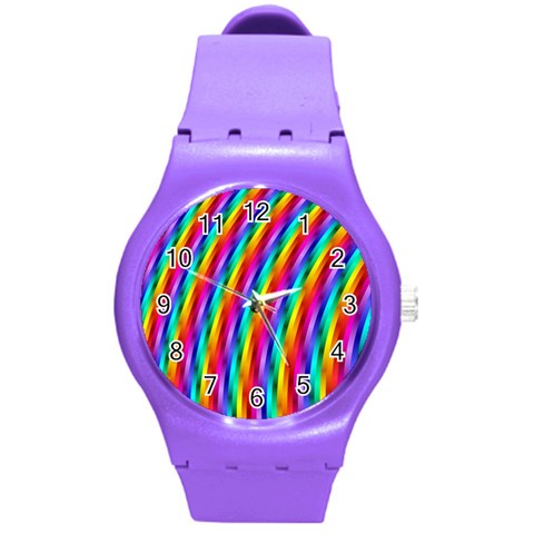 Psychedelic Rainbow Glitter Stripes Round Plastic Sport Watch (M) from ArtsNow.com Front