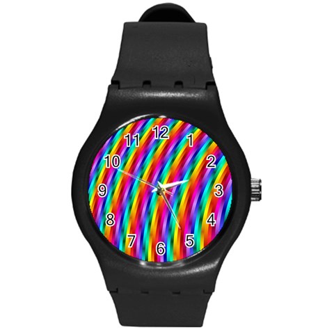 Psychedelic Rainbow Glitter Stripes Round Plastic Sport Watch (M) from ArtsNow.com Front