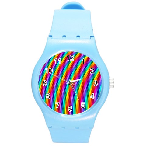 Psychedelic Rainbow Glitter Stripes Round Plastic Sport Watch (M) from ArtsNow.com Front