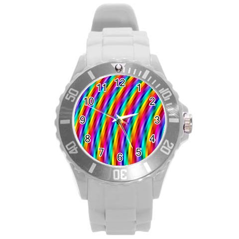 Psychedelic Rainbow Glitter Stripes Round Plastic Sport Watch (L) from ArtsNow.com Front