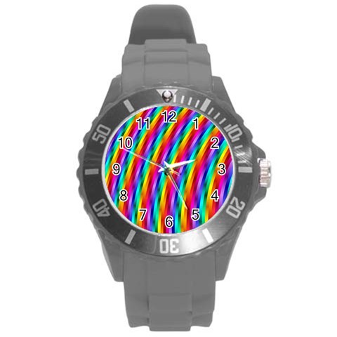 Psychedelic Rainbow Glitter Stripes Round Plastic Sport Watch (L) from ArtsNow.com Front