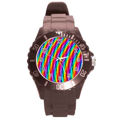 Psychedelic Rainbow Glitter Stripes Round Plastic Sport Watch (L) from ArtsNow.com Front