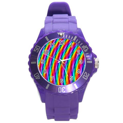 Psychedelic Rainbow Glitter Stripes Round Plastic Sport Watch (L) from ArtsNow.com Front