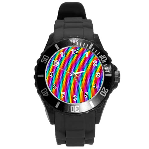 Psychedelic Rainbow Glitter Stripes Round Plastic Sport Watch (L) from ArtsNow.com Front