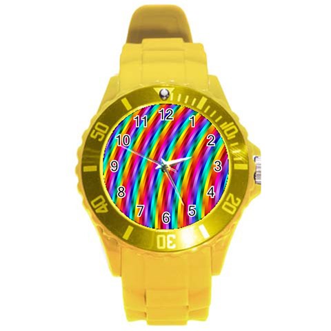 Psychedelic Rainbow Glitter Stripes Round Plastic Sport Watch (L) from ArtsNow.com Front