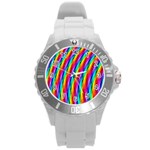 Psychedelic Rainbow Glitter Stripes Round Plastic Sport Watch (L)