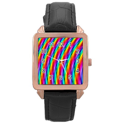 Psychedelic Rainbow Glitter Stripes Rose Gold Leather Watch  from ArtsNow.com Front