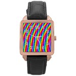 Psychedelic Rainbow Glitter Stripes Rose Gold Leather Watch 