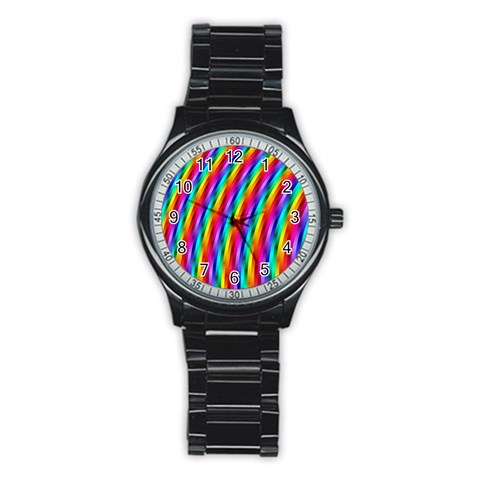 Psychedelic Rainbow Glitter Stripes Stainless Steel Round Watch from ArtsNow.com Front