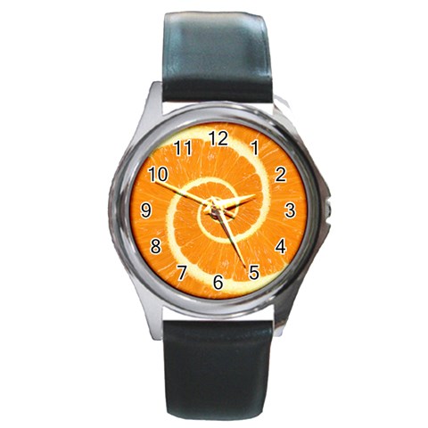 Spiral Citrus Orange Droste  Round Metal Watch from ArtsNow.com Front