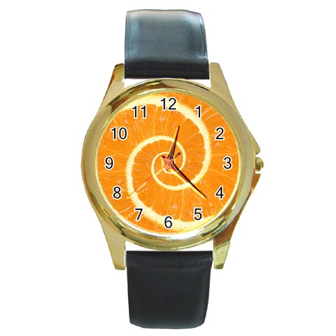 Spiral Citrus Orange Droste  Round Gold Metal Watch from ArtsNow.com Front