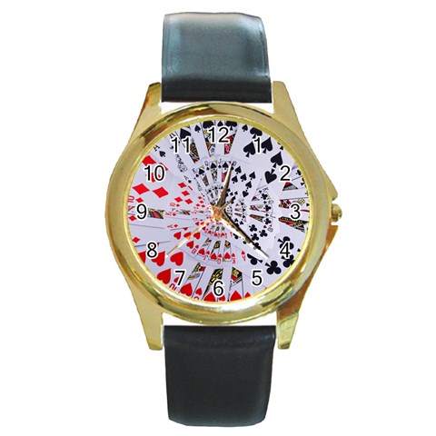 Poker Royal Flush All Suits Droste Spiral Round Gold Metal Watch from ArtsNow.com Front