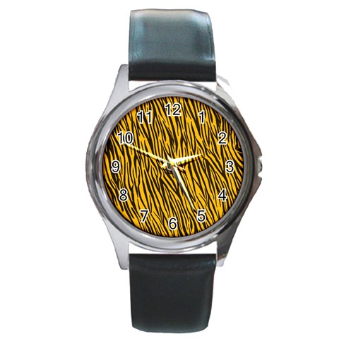 Yellow Zebra Stripes Round Metal Watch from ArtsNow.com Front