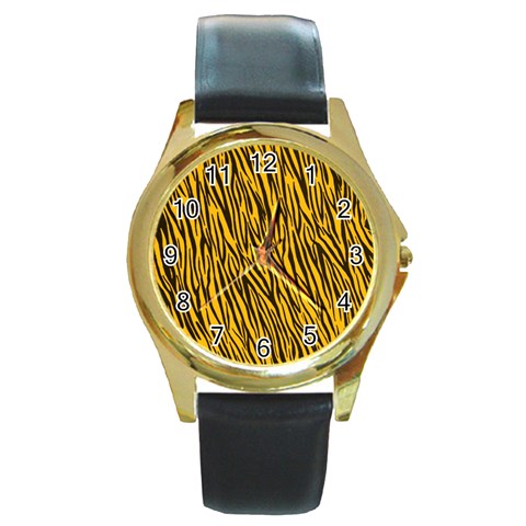 Yellow Zebra Stripes Round Gold Metal Watch from ArtsNow.com Front