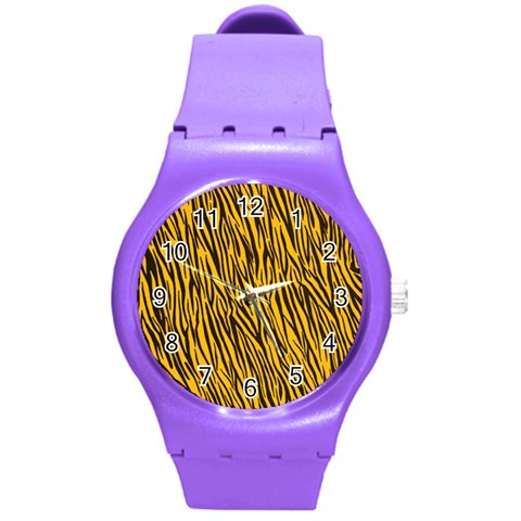 Yellow Zebra Stripes Round Plastic Sport Watch (M) from ArtsNow.com Front