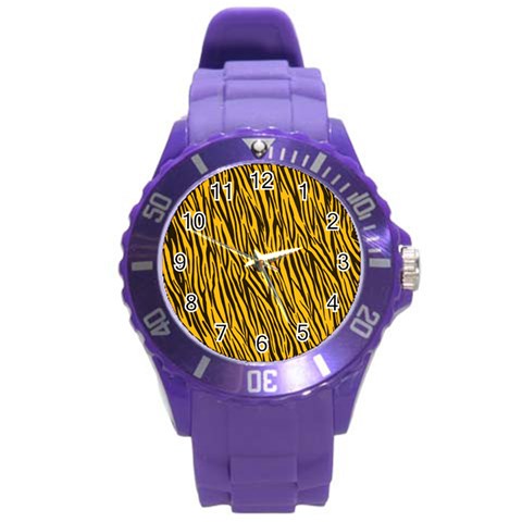 Yellow Zebra Stripes Round Plastic Sport Watch (L) from ArtsNow.com Front