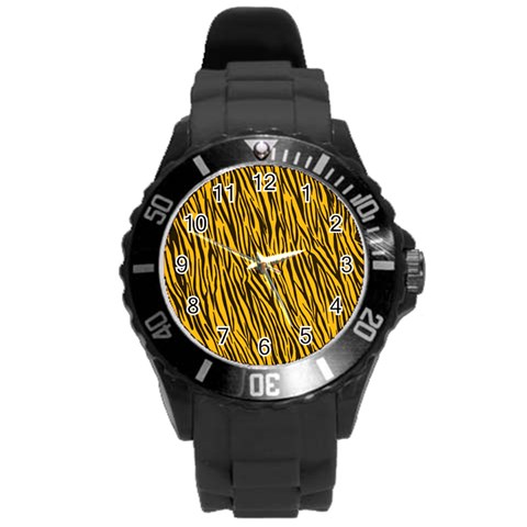 Yellow Zebra Stripes Round Plastic Sport Watch (L) from ArtsNow.com Front