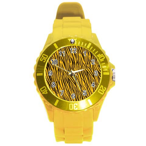 Yellow Zebra Stripes Round Plastic Sport Watch (L) from ArtsNow.com Front