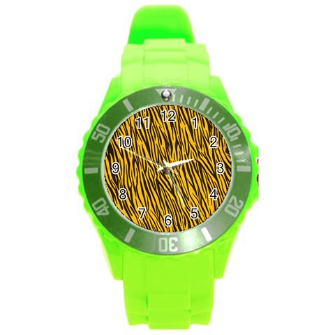 Yellow Zebra Stripes Round Plastic Sport Watch (L) from ArtsNow.com Front