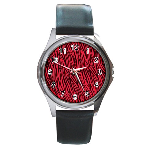 Red Zebra Stripes Round Metal Watch from ArtsNow.com Front