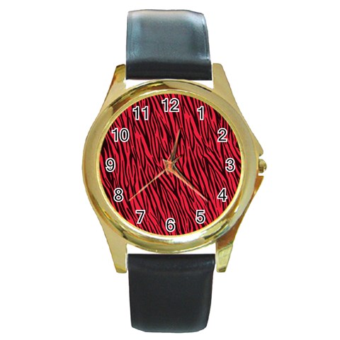 Red Zebra Stripes Round Gold Metal Watch from ArtsNow.com Front