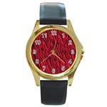 Red Zebra Stripes Round Gold Metal Watch