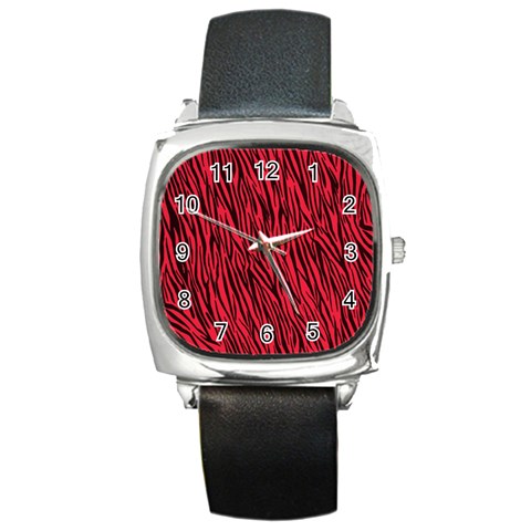 Red Zebra Stripes Square Metal Watch from ArtsNow.com Front