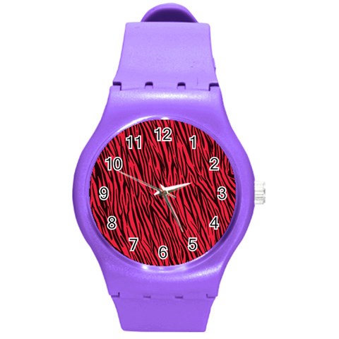 Red Zebra Stripes Round Plastic Sport Watch (M) from ArtsNow.com Front