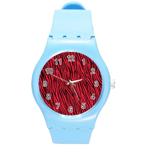 Red Zebra Stripes Round Plastic Sport Watch (M) from ArtsNow.com Front