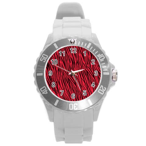 Red Zebra Stripes Round Plastic Sport Watch (L) from ArtsNow.com Front