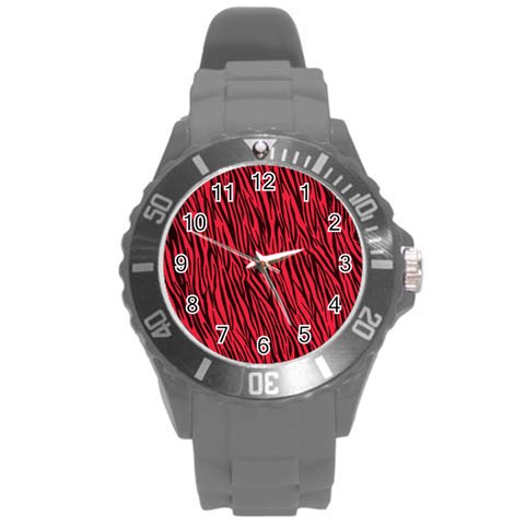 Red Zebra Stripes Round Plastic Sport Watch (L) from ArtsNow.com Front