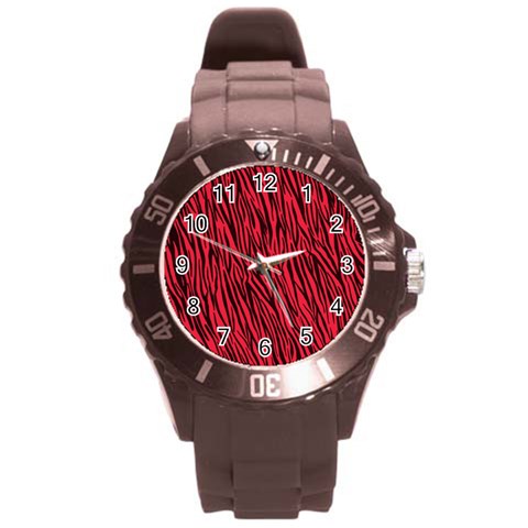 Red Zebra Stripes Round Plastic Sport Watch (L) from ArtsNow.com Front